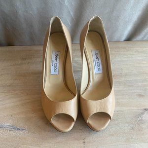 Jimmy Choo Nude Leather 247 Crown Peep Toe Pump Platforms